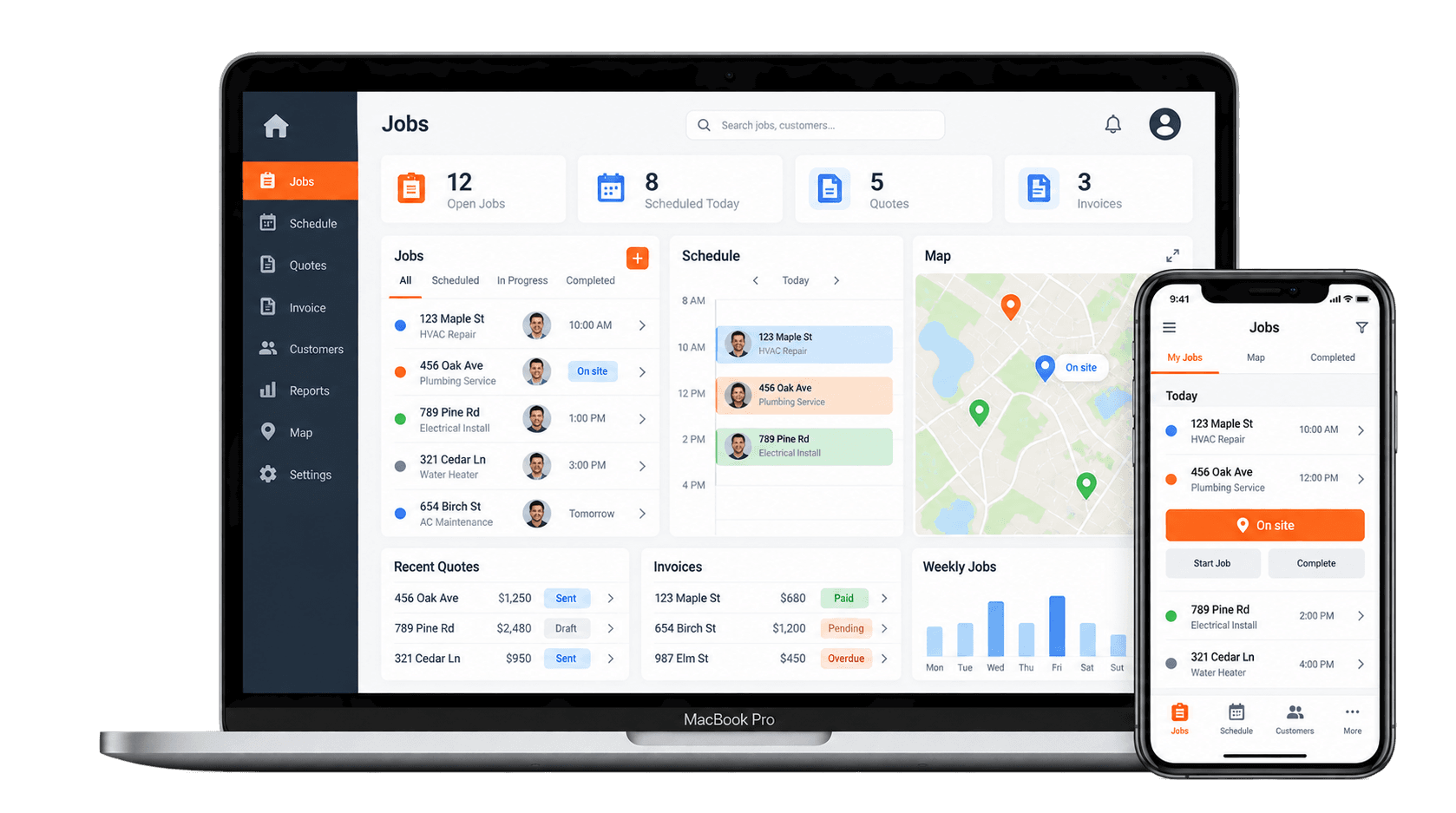 Field service admin system shown on a MacBook and iPhone