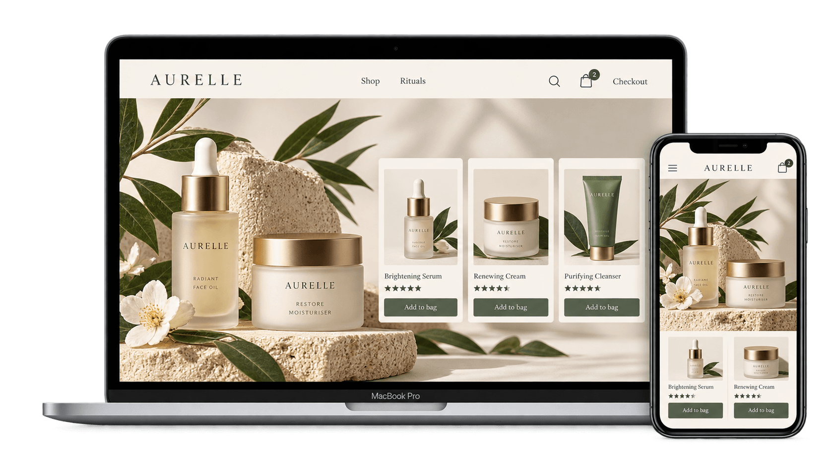 Skincare ecommerce storefront shown on a MacBook and iPhone