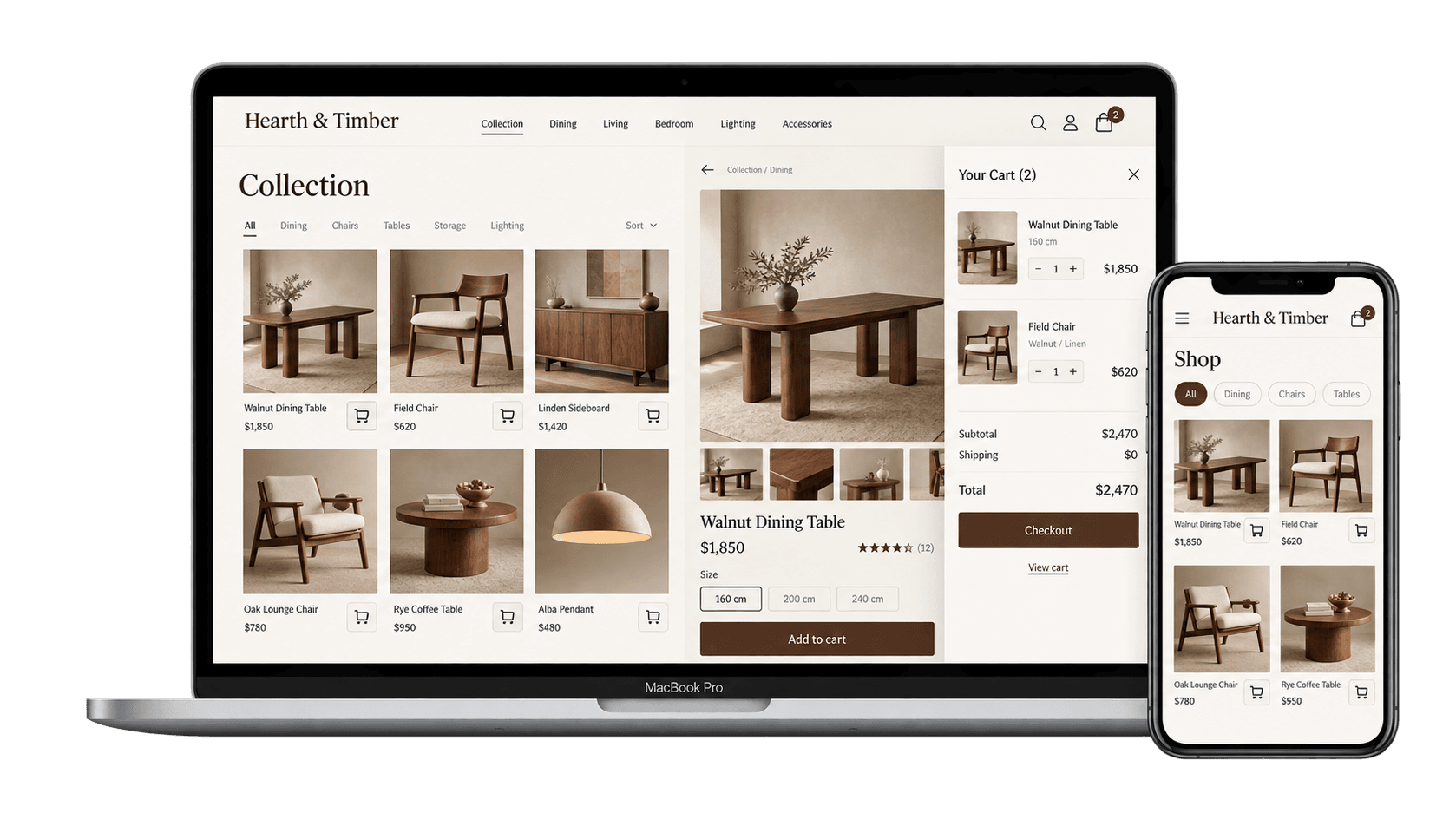 Furniture ecommerce store and checkout shown on a MacBook and iPhone