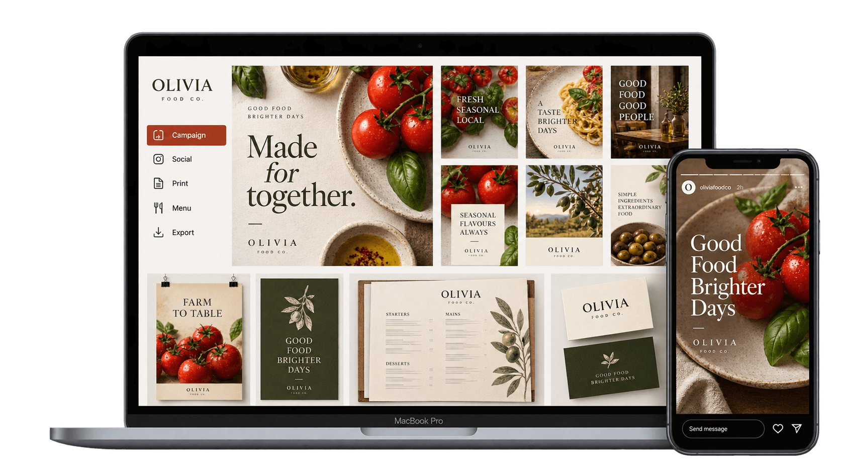 Food brand graphic design campaign shown on a MacBook and iPhone