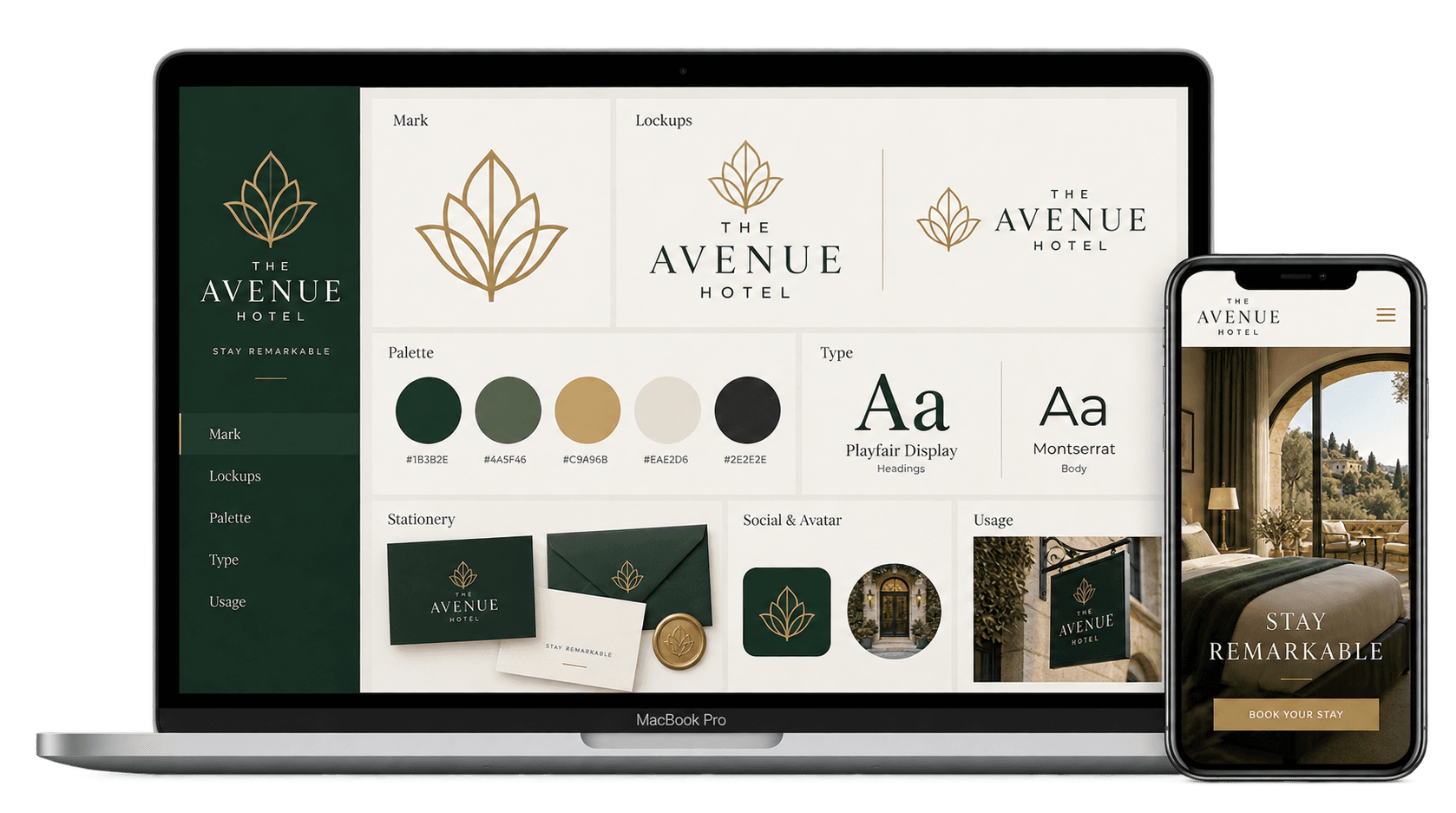 Hotel brand identity system shown on a MacBook and iPhone