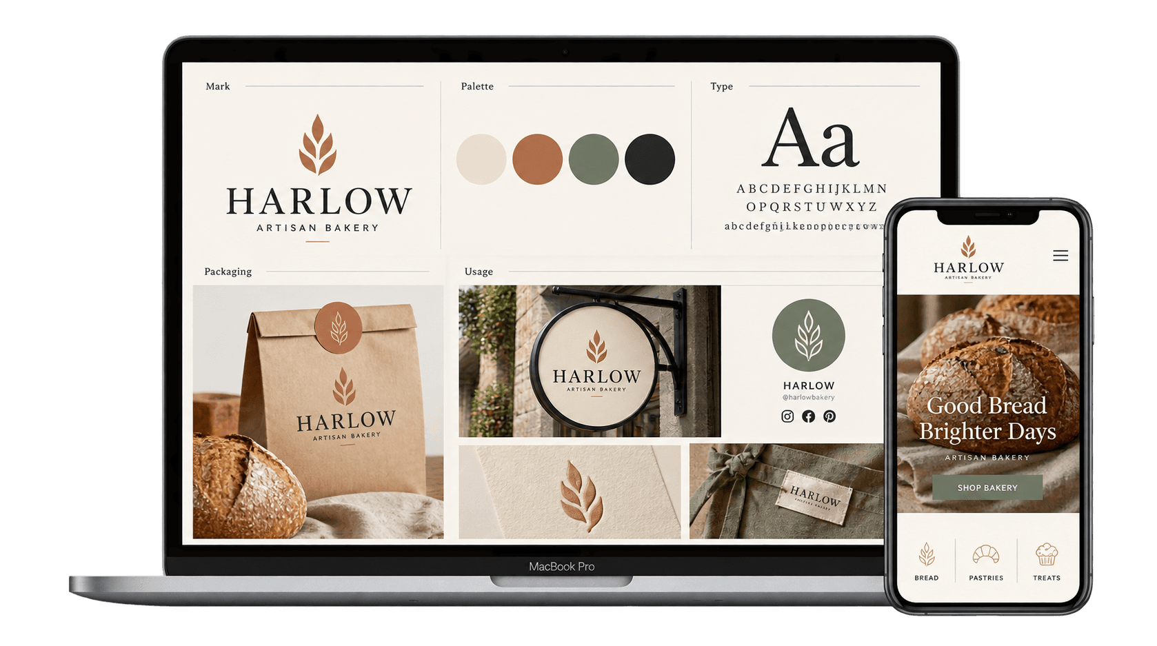 Bakery brand identity system shown on a MacBook and iPhone