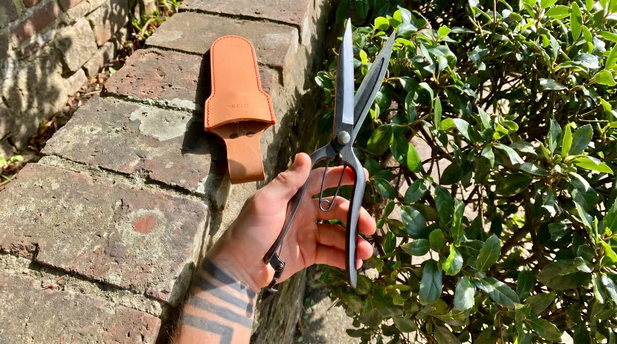 Pruning shears beside a hedge and brick garden wall